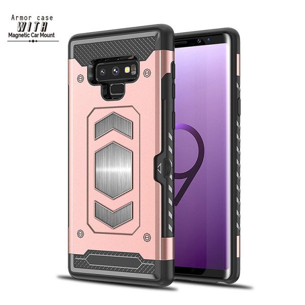 Wholesale Galaxy Note 9 Metallic Plate Case Work with Magnetic Holder and Card Slot (Rose Gold)